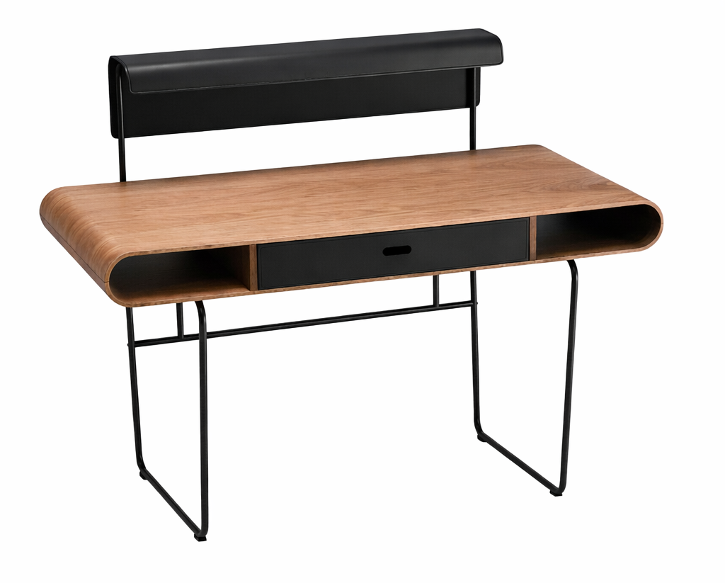Wooden desk with black backrest and legs on a white background